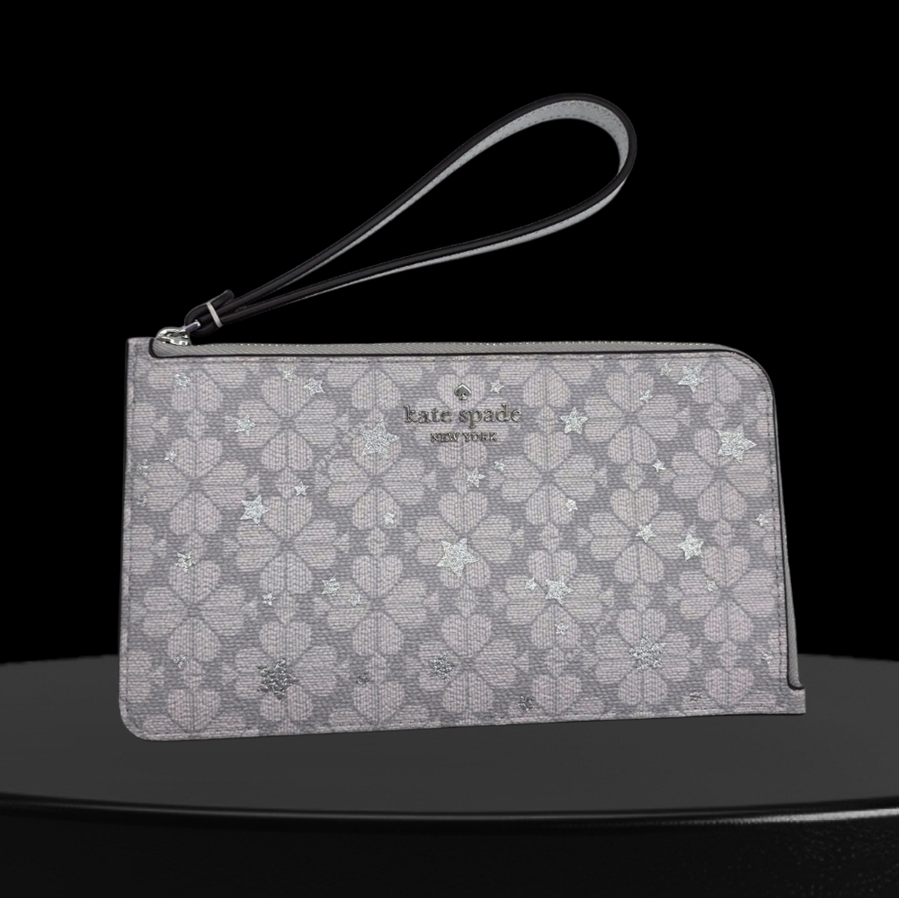 Kate Spade Flower Star Toss Medium L-zip Wristlet Platinum Grey Multi NEW